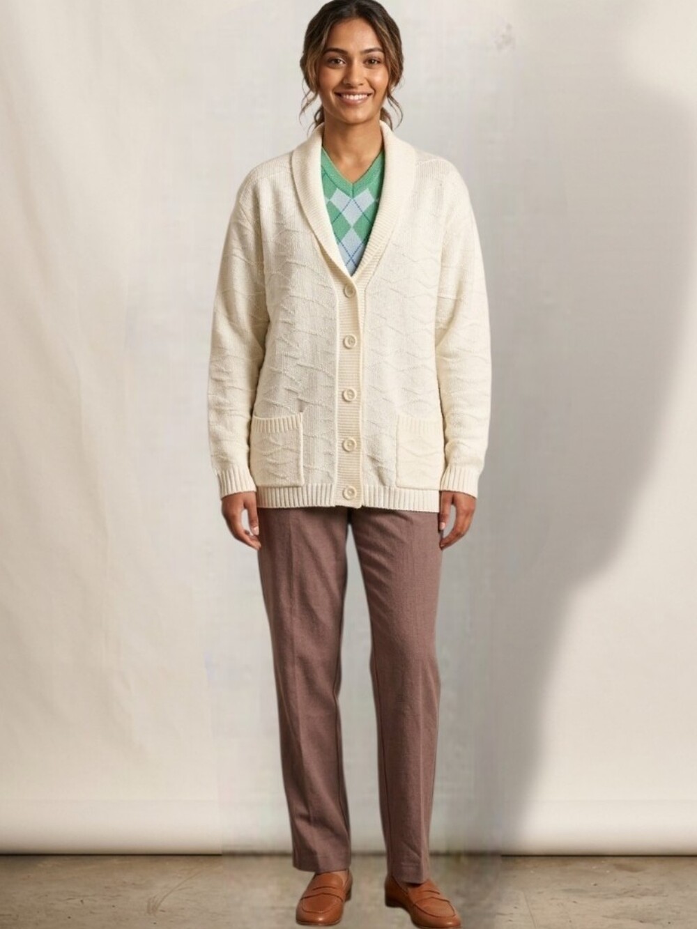 Excelsior Women's Vintage-Retro Oversized Off-White Knit Cardigan Sweater